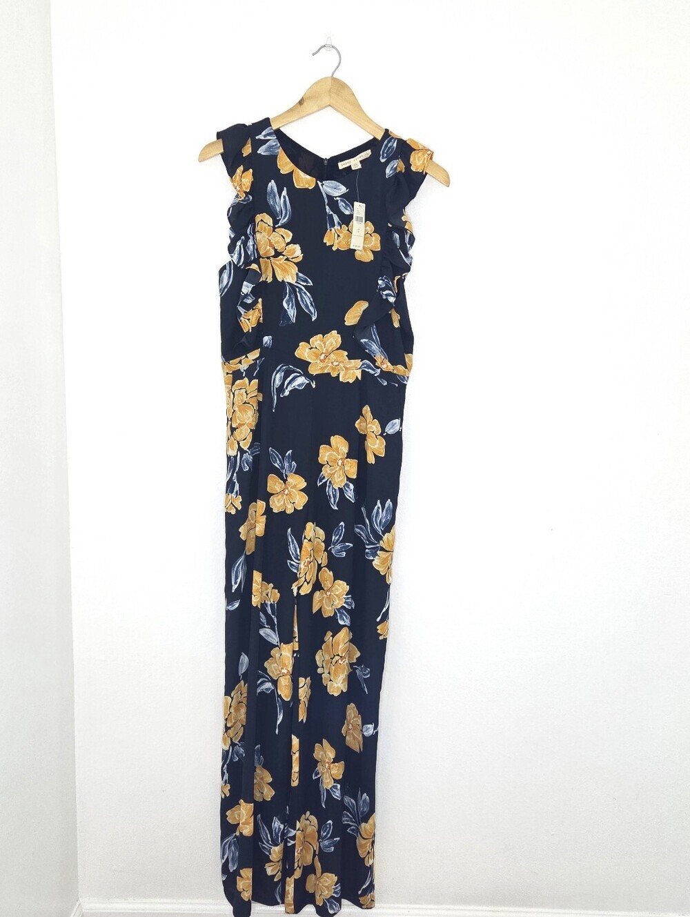 Anthropologie Paper Crown Floral  Ruffle Sleeveless Jumpsuit in Navy & Yellow - Picture 2 of 9